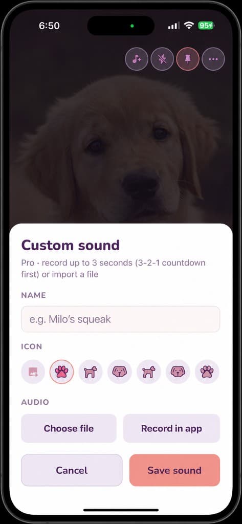 PawShot custom sound editor: name your sound, pick an icon, record in app